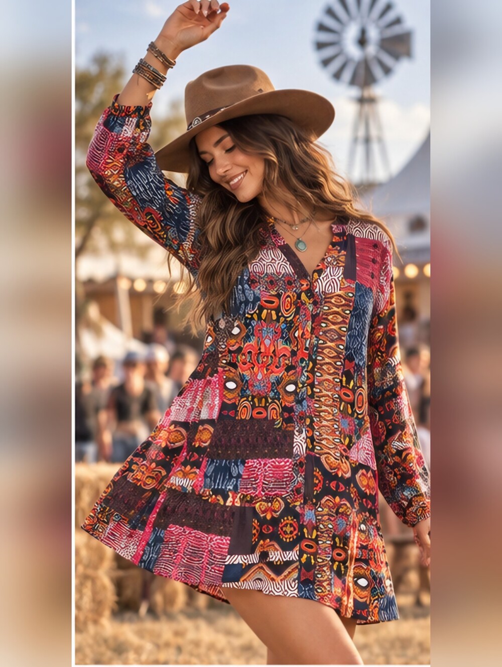 Sacred Threads Patchwork Boho Mini Dress S/M Tribal Festival Long Sleeve